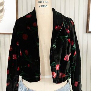 Vintage Black Velvet Bolero Jacket with Red Tulips Single Button
